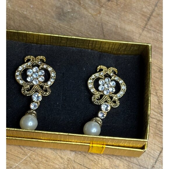 Gold Tone Crystal Pearl Dangle Earrings - Picture 7 of 7
